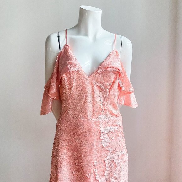 A.B.S Alan Shwartz Peach Pink All Sequin Off The Shoulder MAxi Gown 10 - Picture 5 of 7